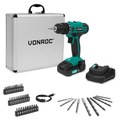 VONROC Batteridriven Borrmaskin 20V - 19 momentinställningar - Inkl. 2.0Ah Batteri, Laddare och 46 tillbehör i premiumväska
