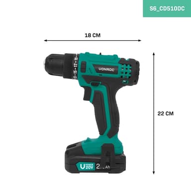 VONROC Batteridriven Borrmaskin 20V - 19 momentinställningar - Inkl. 2x 2.0Ah Batteri, Laddare och 46 tillbehör i premiumväska