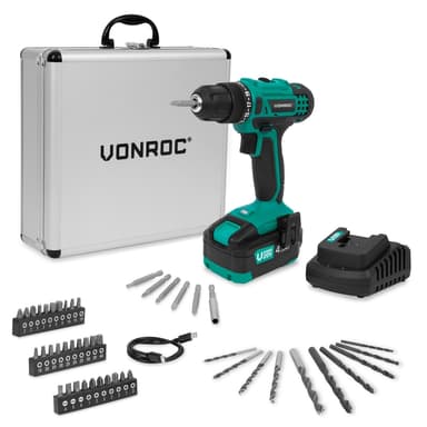 VONROC Batteridriven Borrmaskin 20V - 19 momentinställningar - Inkl. 4.0Ah Batteri, Laddare och 46 tillbehör i premiumväska