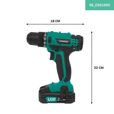 VONROC Batteridriven Borrmaskin 20V - 19 momentinställningar - Inkl. 2.0Ah Batteri, Laddare och 46 tillbehör i premiumväska