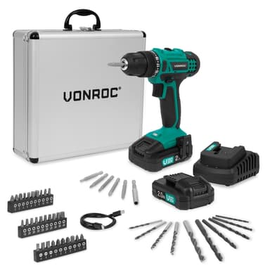 VONROC Batteridriven Borrmaskin 20V - 19 momentinställningar - Inkl. 2x 2.0Ah Batteri, Laddare och 46 tillbehör i premiumväska