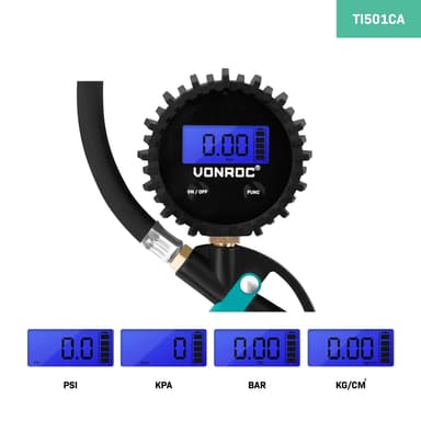 VONROC PRO Däckpump - 3-i-1: pumpa, mät tryck och släpp ut luft – Digital manometer - 10 bar - Inkl. tillbehör