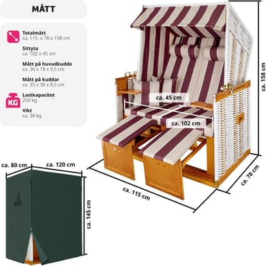 tectake Strandkorgstol med dyna, inkluderar överskyddsdrag - röd/vit