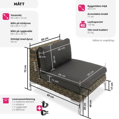 tectake Modulärt rottingset Villanova mittsektion - Antracitgrå melerad