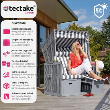 tectake Strandkorgstol med dyna, inkluderar överskyddsdrag - grå/vit
