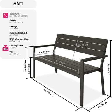 tectake Trädgårdsbänk Line 2-sits med aluminiumram 128x59x88cm - mörkgrå