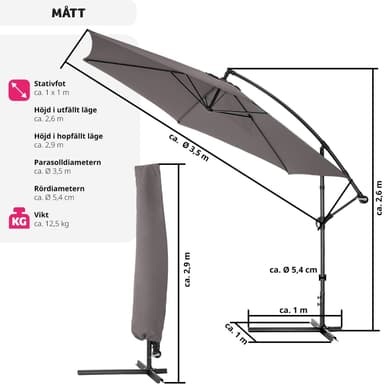 tectake Parasoll 350 cm - grå