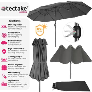 tectake Parasoll Silia 460x270cm med 3 vindskydd - grå