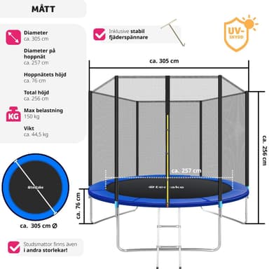 tectake Studsmatta Garfunky med skyddsnät , upp till 80 kg - 305 cm