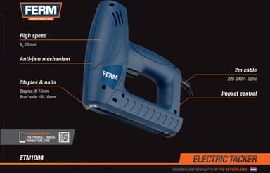 FERM elektrisk häftpistol – slagkontroll – Inkl. 400 häftklamrar och 100 spikar