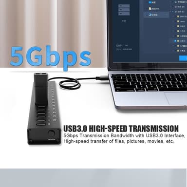 NÖRDIC powered 14-ports USB 3.0 HUB 5Gbps 1,2mm kabel aluminium svart med nätdel