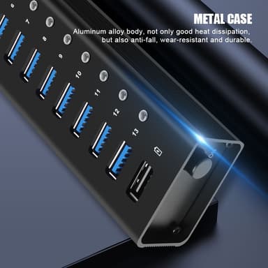 NÖRDIC powered 14-ports USB 3.0 HUB 5Gbps 1,2mm kabel aluminium svart med nätdel