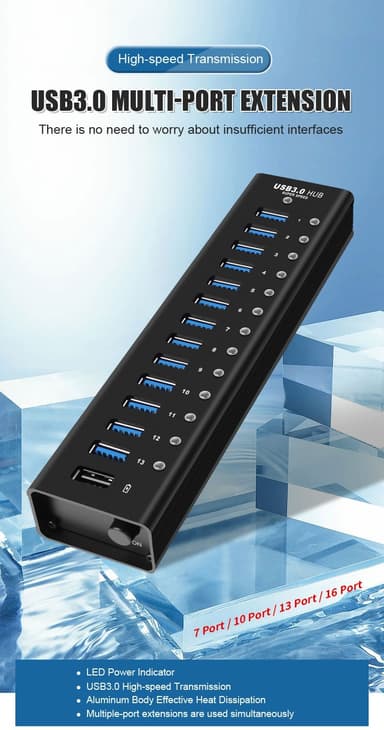 NÖRDIC powered 14-ports USB 3.0 HUB 5Gbps 1,2mm kabel aluminium svart med nätdel