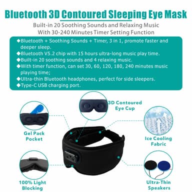 3D sovmask Bluetooth sovhörlurar Svart