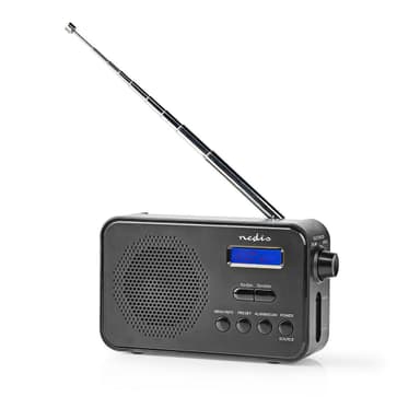 Nedis DAB+ Radio | Portabel design | DAB+ / FM | 1.3 "" | Svart Blå Skärm | Batteridriven / USB ström | Digital | 3.6 W | Bluetooth® | Hörlursuttag | Väckarklocka | Sov timer | IP20 | Svart