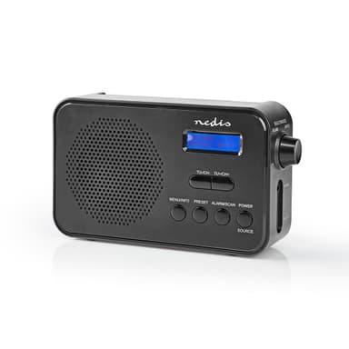 Nedis DAB+ Radio | Portabel design | DAB+ / FM | 1.3 "" | Svart Blå Skärm | Batteridriven / USB ström | Digital | 3.6 W | Bluetooth® | Hörlursuttag | Väckarklocka | Sov timer | IP20 | Svart
