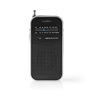 Nedis FM-radio | Portabel design | AM / FM | Batteridriven | Analog | 1.5 W | Svart Vit Skärm | Hörlursuttag | IP20 | Aluminium / Svart