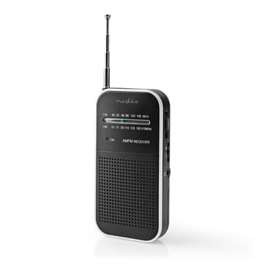 Nedis FM-radio | Portabel design | AM / FM | Batteridriven | Analog | 1.5 W | Svart Vit Skärm | Hörlursuttag | IP20 | Aluminium / Svart