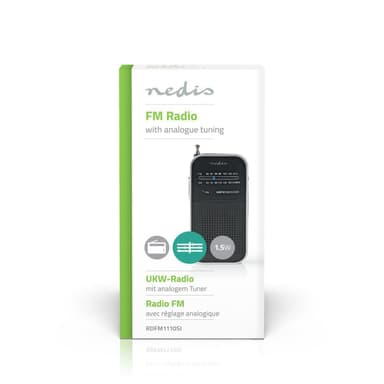 Nedis FM-radio | Portabel design | AM / FM | Batteridriven | Analog | 1.5 W | Svart Vit Skärm | Hörlursuttag | IP20 | Aluminium / Svart
