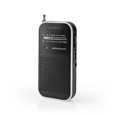 Nedis FM-radio | Portabel design | AM / FM | Batteridriven | Analog | 1.5 W | Svart Vit Skärm | Hörlursuttag | IP20 | Aluminium / Svart