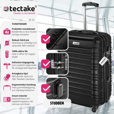 tectake Resväskeset Mila - 4 resväskor, bagage med bagagevåg och namntaggar - svart