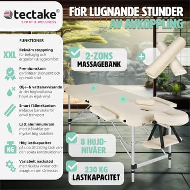 tectake Massagebänk med 2 zoner - Inkluderar Bolster, bärväska och avtagbara huvud- och armkuddar - beige
