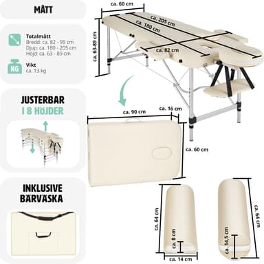 tectake Massagebänk med 2 zoner - Inkluderar Bolster, bärväska och avtagbara huvud- och armkuddar - beige