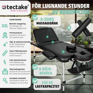 tectake 3-zons massagebänk med 5 cm stoppning, rullar och aluminiumram - svart