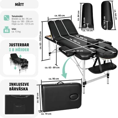 tectake 3-zons massagebänk med 5 cm stoppning, rullar och aluminiumram - svart