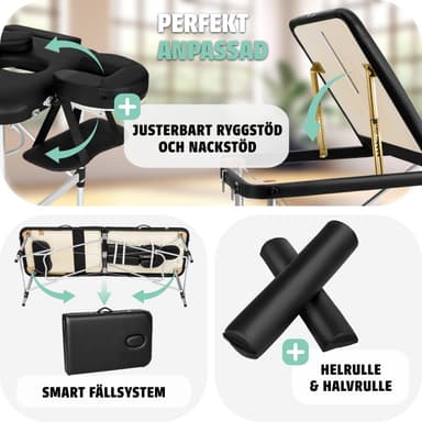tectake 3-zons massagebänk med 5 cm stoppning, rullar och aluminiumram - svart