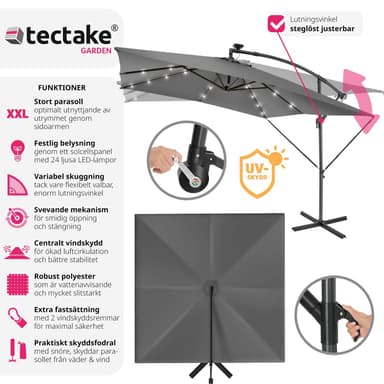 tectake Solparasoll Sunna med LED solcellsbelysning och vev 2,5 x 2,5 m - ljusgrå