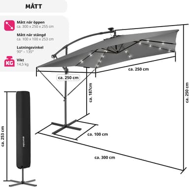 tectake Solparasoll Sunna med LED solcellsbelysning och vev 2,5 x 2,5 m - ljusgrå