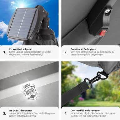 tectake Solparasoll Sunna med LED solcellsbelysning och vev 2,5 x 2,5 m - ljusgrå