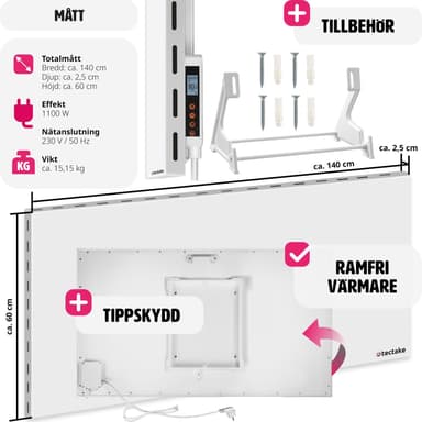 tectake Hybrid-infravärmare med termostat och tippskydd - 1100 W