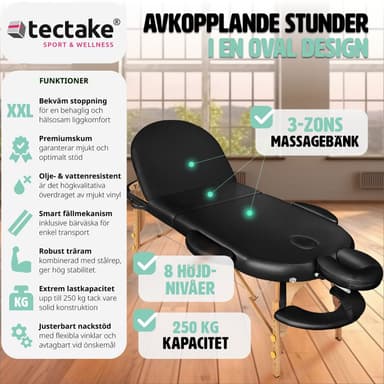 tectake 3-zons massagebänk Sawsan oval med 5 cm stoppning och träram - svart