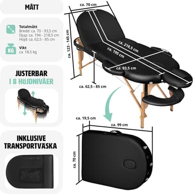tectake 3-zons massagebänk Sawsan oval med 5 cm stoppning och träram - svart