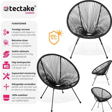 tectake 2 trädgårdsstolar Santana Retro i Acapulco-stil - svart