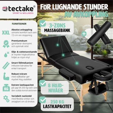tectake 3-zons massagebänksset Somwang med 7,5 cm stoppning, hjul och träram - svart