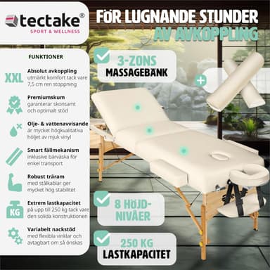 tectake 3-zons massagebänksset Somwang med 7,5 cm stoppning, hjul och träram - beige