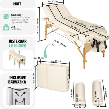 tectake 3-zons massagebänksset Somwang med 7,5 cm stoppning, hjul och träram - beige