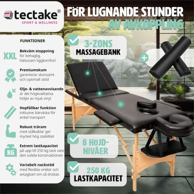 tectake 3-zons massagebänk-set Daniel med stoppning, rullar och träram - svart