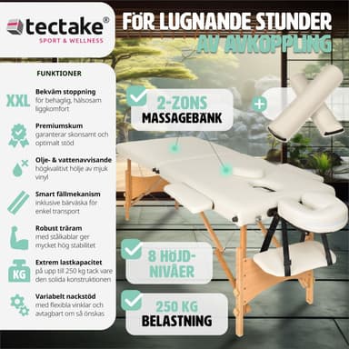 tectake Freddi 2-zons massagebänk med 5 cm stoppning, hjul och träram - beige