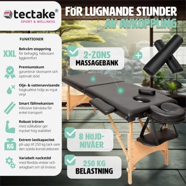 tectake Freddi 2-zons massagebänk med 5 cm stoppning, hjul och träram - svart