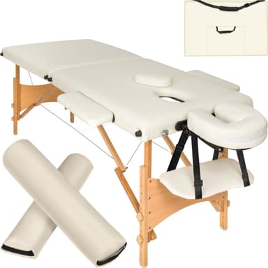 tectake Freddi 2-zons massagebänk med 5 cm stoppning, hjul och träram - beige