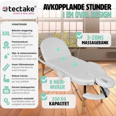 tectake 3-zons massagebänk Sawsan oval med 5 cm stoppning och träram - vit