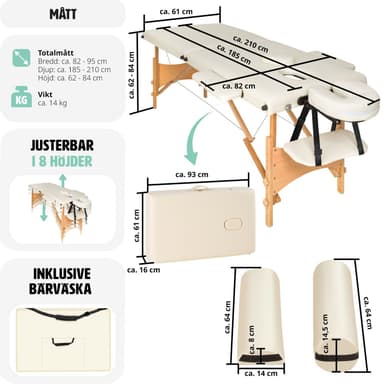 tectake Freddi 2-zons massagebänk med 5 cm stoppning, hjul och träram - beige
