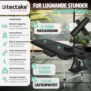 tectake Massagebänk med 2 zoner - Inkluderar Bolster, bärväska och avtagbara huvud- och armkuddar - svart