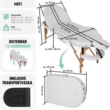 tectake 3-zons massagebänk Sawsan oval med 5 cm stoppning och träram - vit