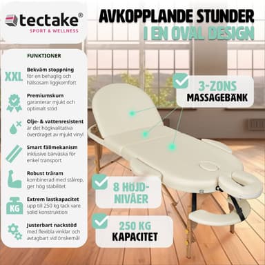 tectake 3-zons massagebänk Sawsan oval med 5 cm stoppning och träram - beige