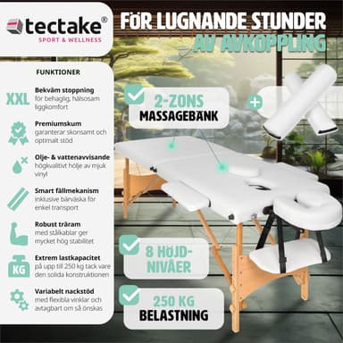 tectake Freddi 2-zons massagebänk med 5 cm stoppning, hjul och träram - vit